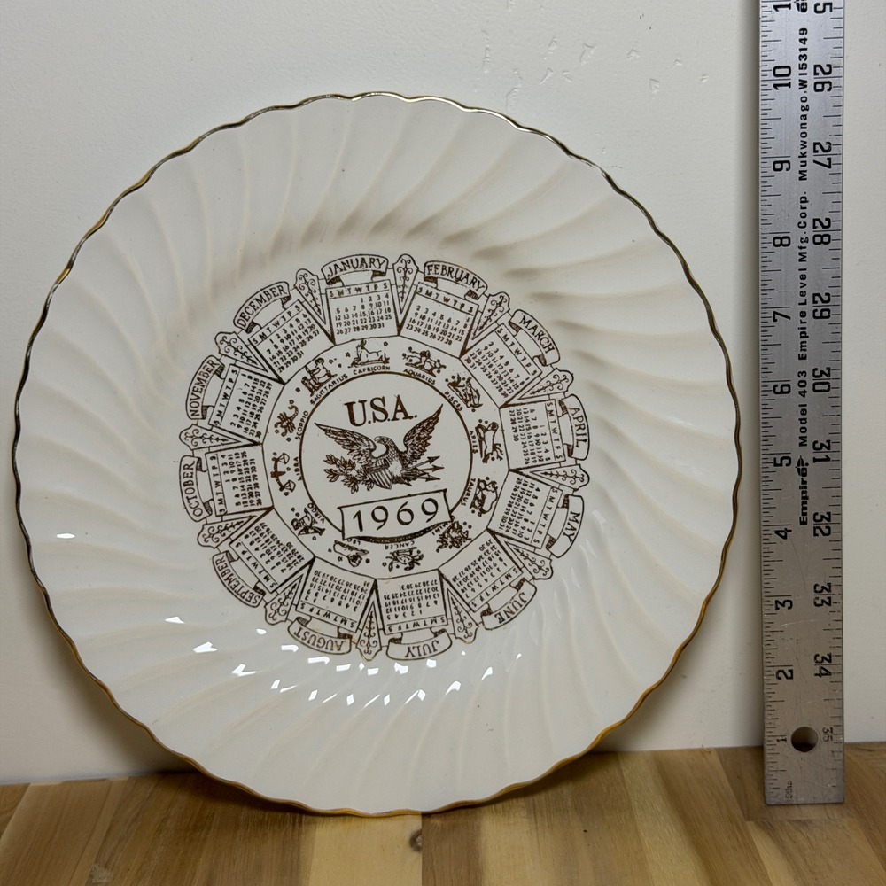 Vintage 60s Sheffield 1969 Calendar Plate Eagle Zodiac Bone White 10.25in Decor